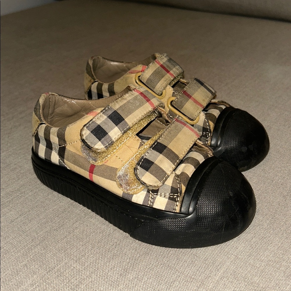 Burberry Beige Plaid Kids Sneakers with Black Rubber Toecap